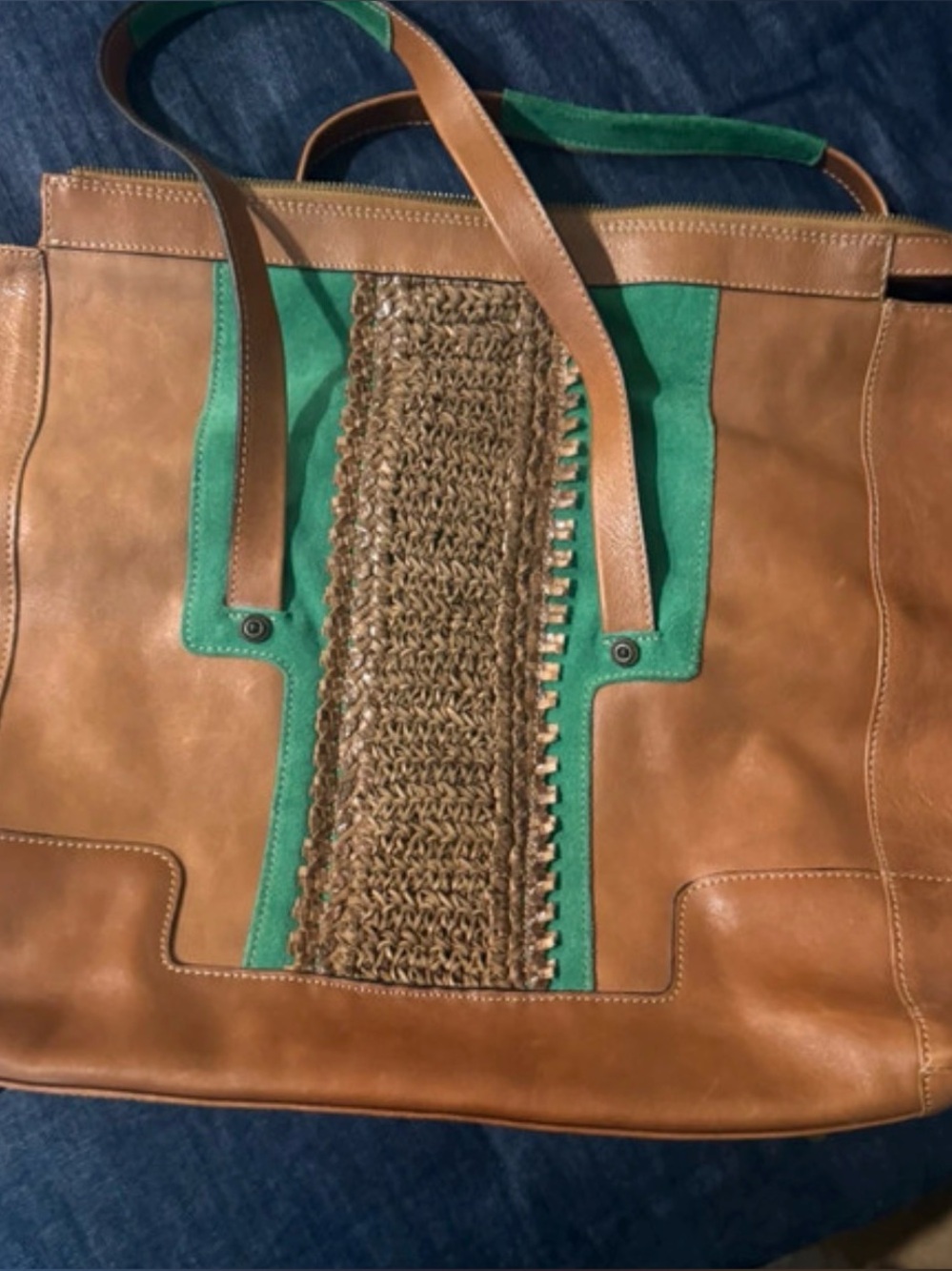 Tan Leather Tote with Green Suede Trim and Woven Center Panel